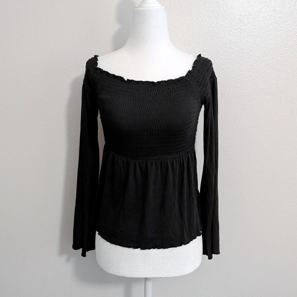 American Eagle Black Gothic Bell Sleeve Ruffle Off The Shoulder Top | Size S
